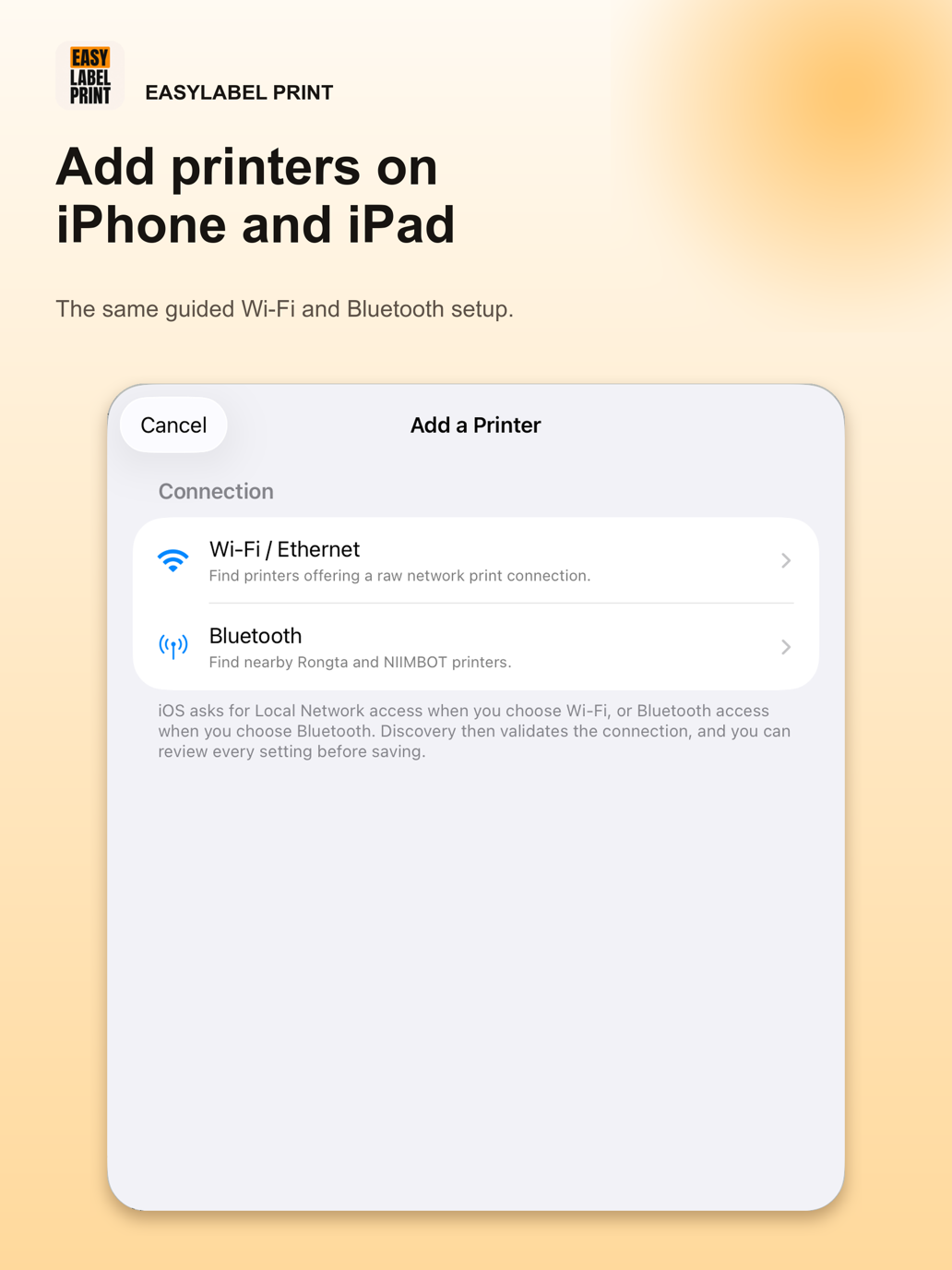 EasyLabel Print Add a Printer screen on iPad