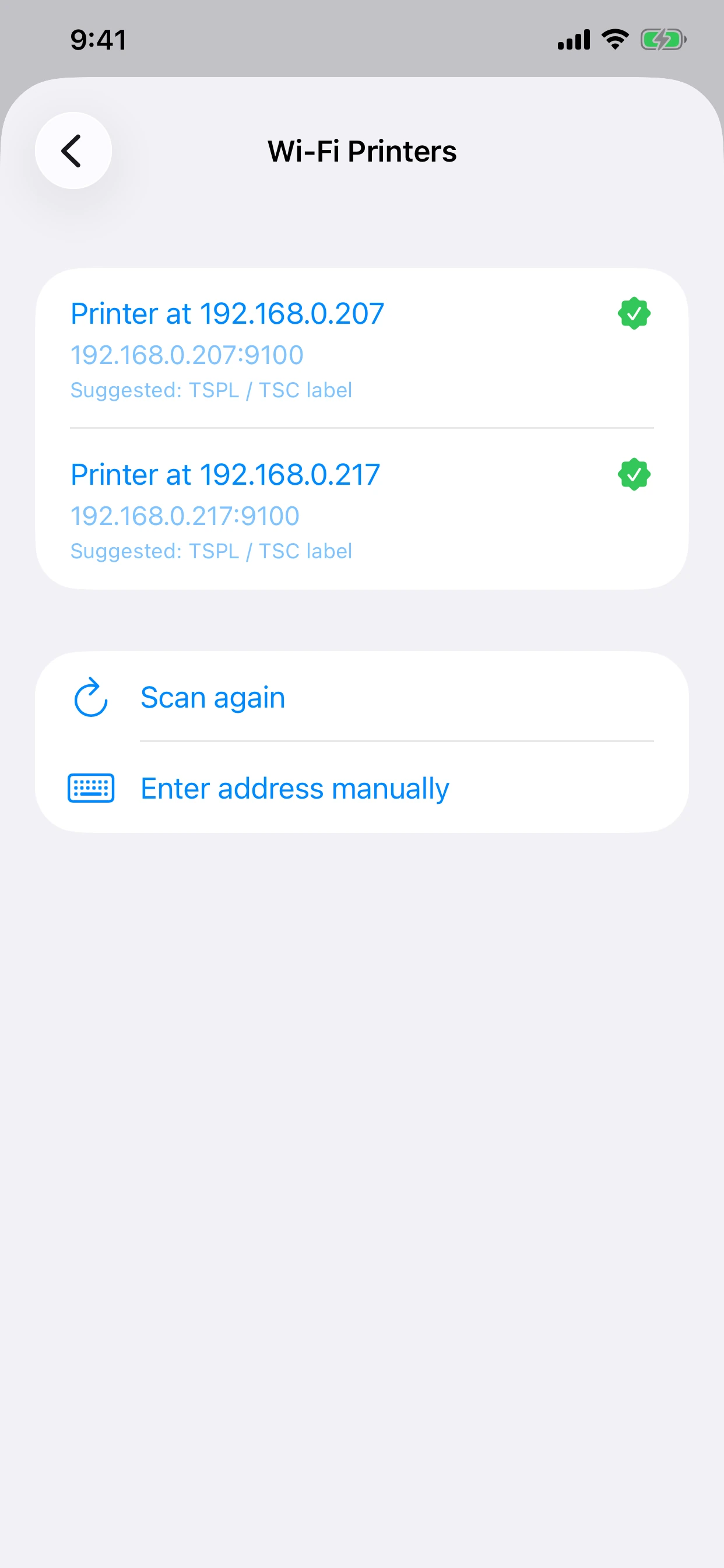 Select a Wi-Fi printer in EasyLabel Print on iPhone