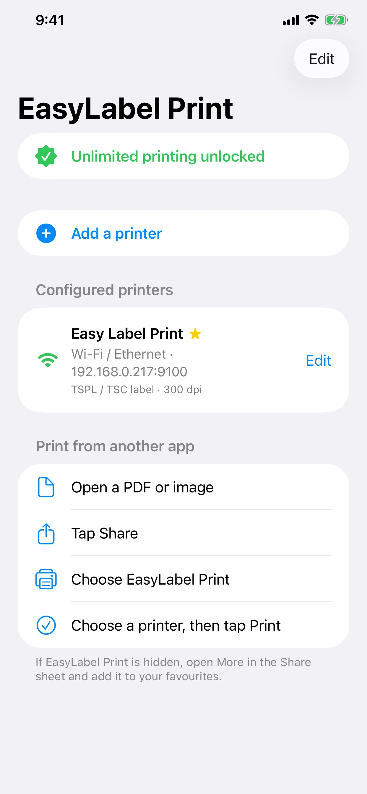 See the printer at a glance in EasyLabel Print on iPhone