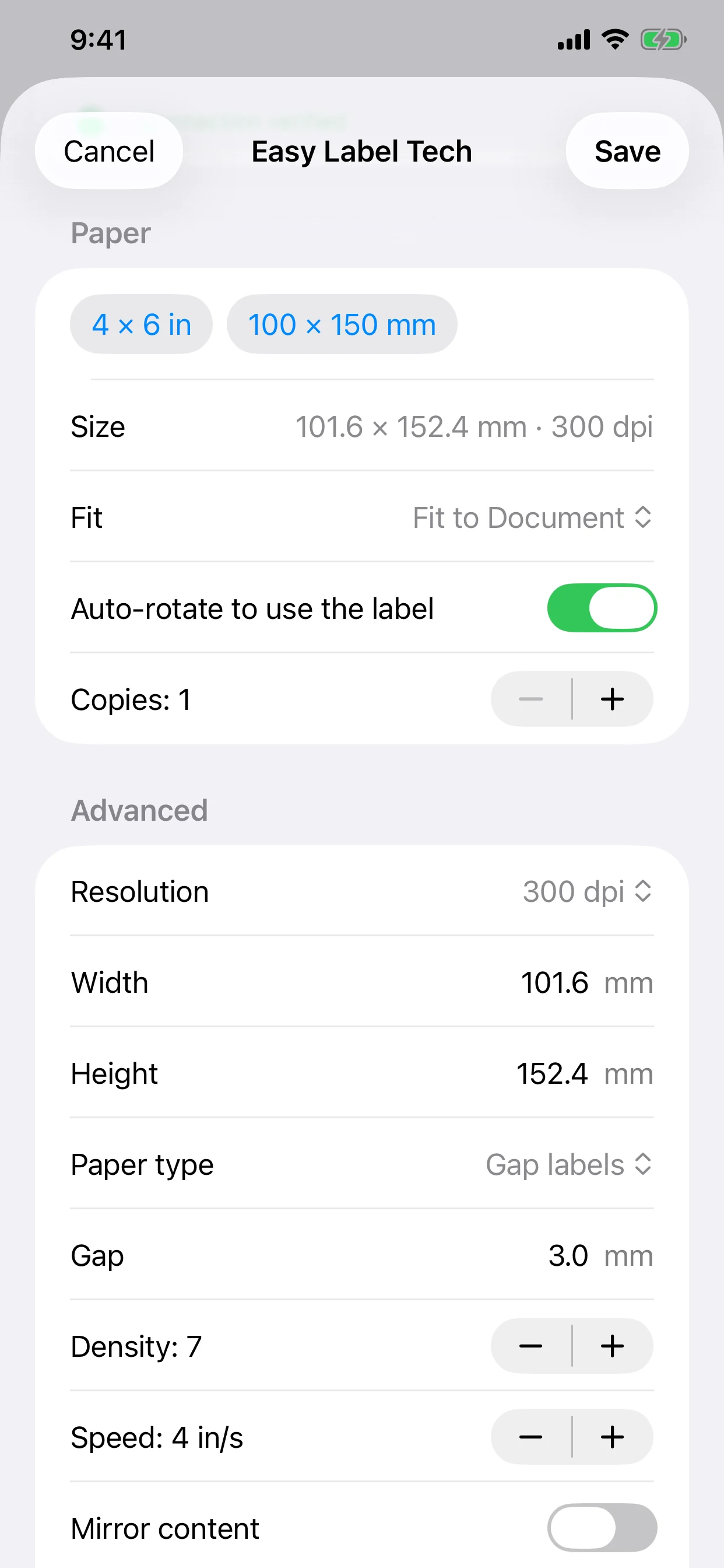 Set the label size in EasyLabel Print on iPhone