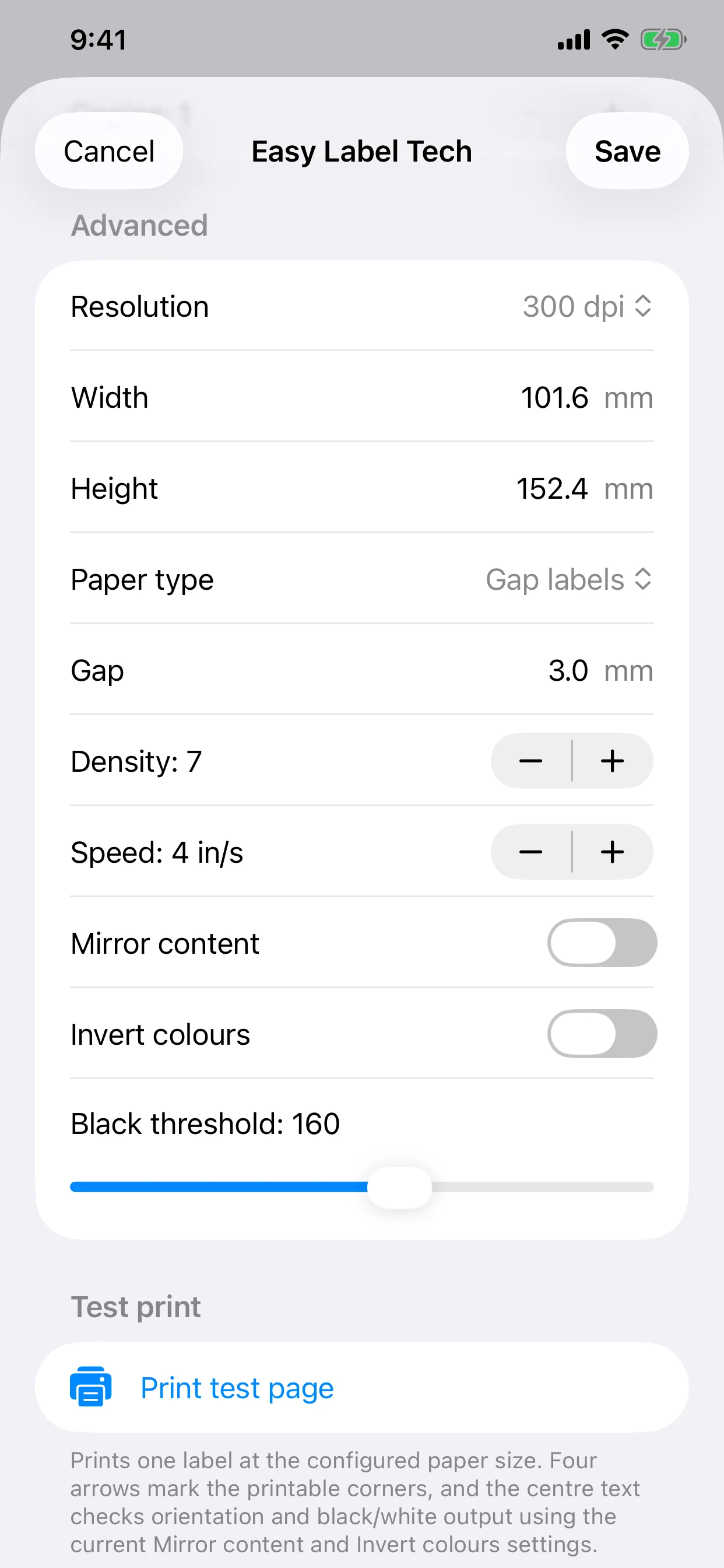 Fine-tune the output in EasyLabel Print on iPhone