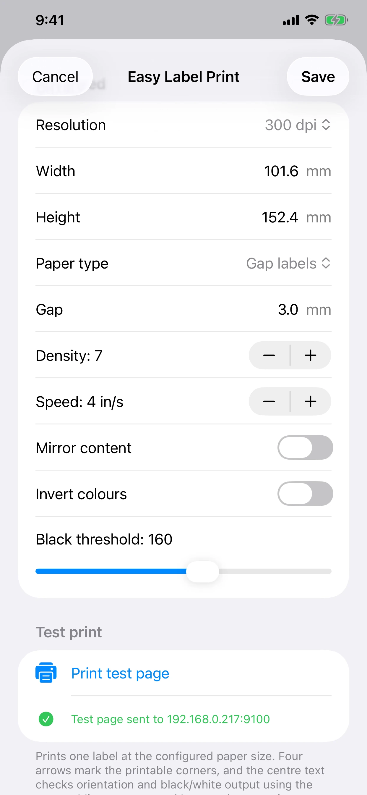 Print a test page in EasyLabel Print on iPhone