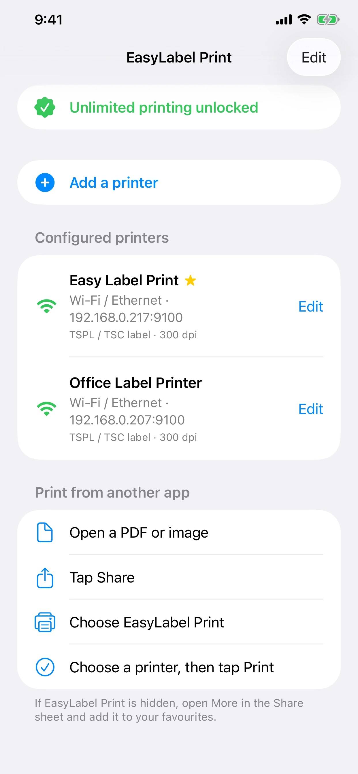 Manage multiple printers in EasyLabel Print on iPhone