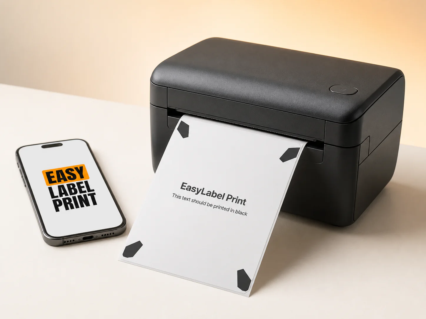 Illustrative EasyLabel Print setup with an iPhone beside a thermal printer producing the four-corner alignment test page